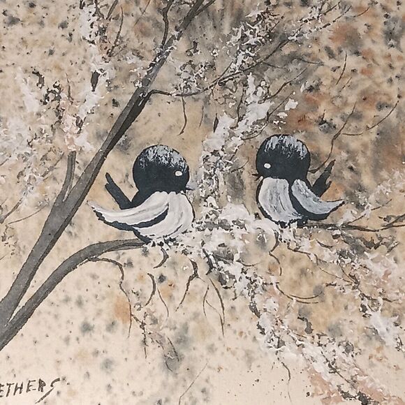 Painting Black & White Birds On Tree Branch Extending To Matt Signed Smethers - Picture 15 of 16